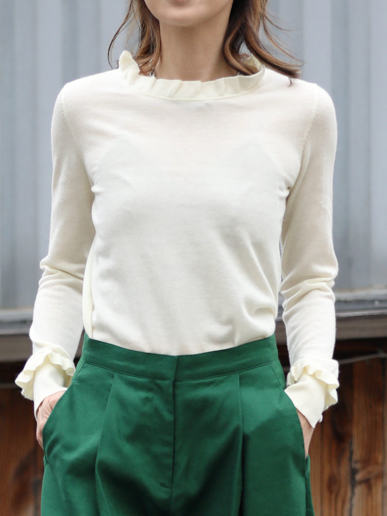 Creamy White Ruffle Trim Button Cuff Cashmere Wool Knit Jumper