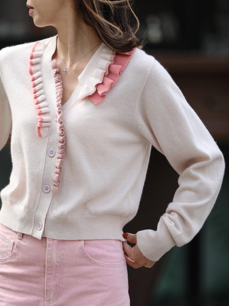 Petal White Ruffles Collar Boxy V-Neck Woollen Cashmere Cardigan