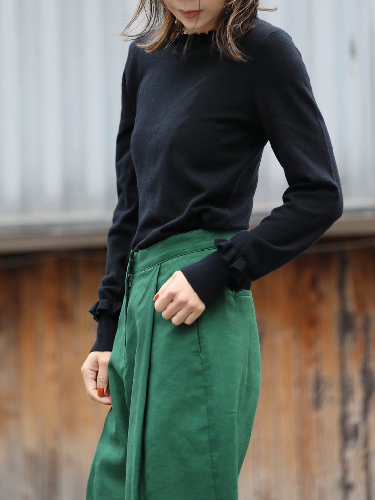 Classic Black Ruffle Trim Button Cuff Cashmere Wool Knit Jumper