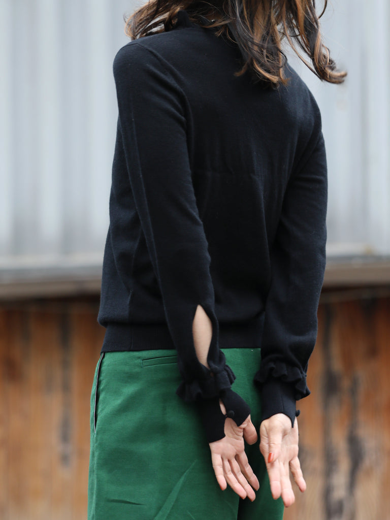 Classic Black Ruffle Trim Button Cuff Cashmere Wool Knit Jumper