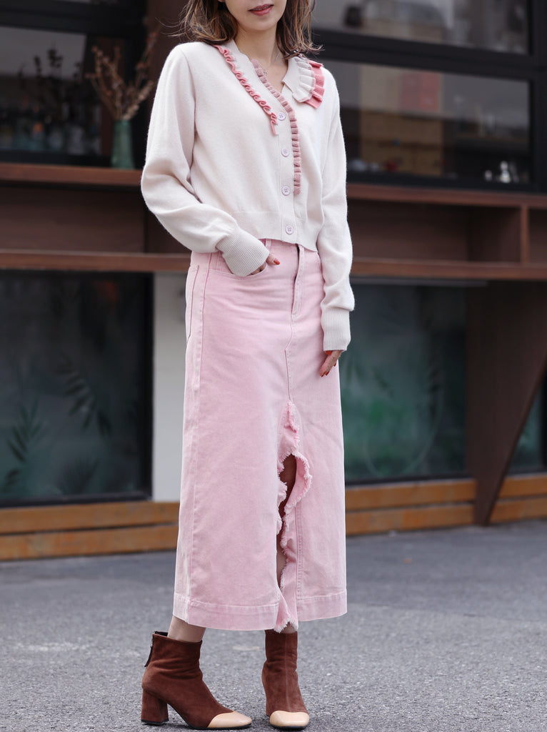 Petal White Ruffles Collar Boxy V-Neck Woollen Cashmere Cardigan