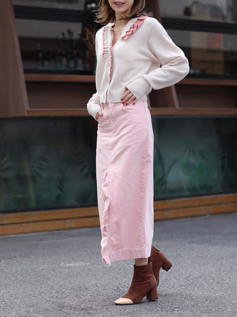 Petal White Ruffles Collar Boxy V-Neck Woollen Cashmere Cardigan