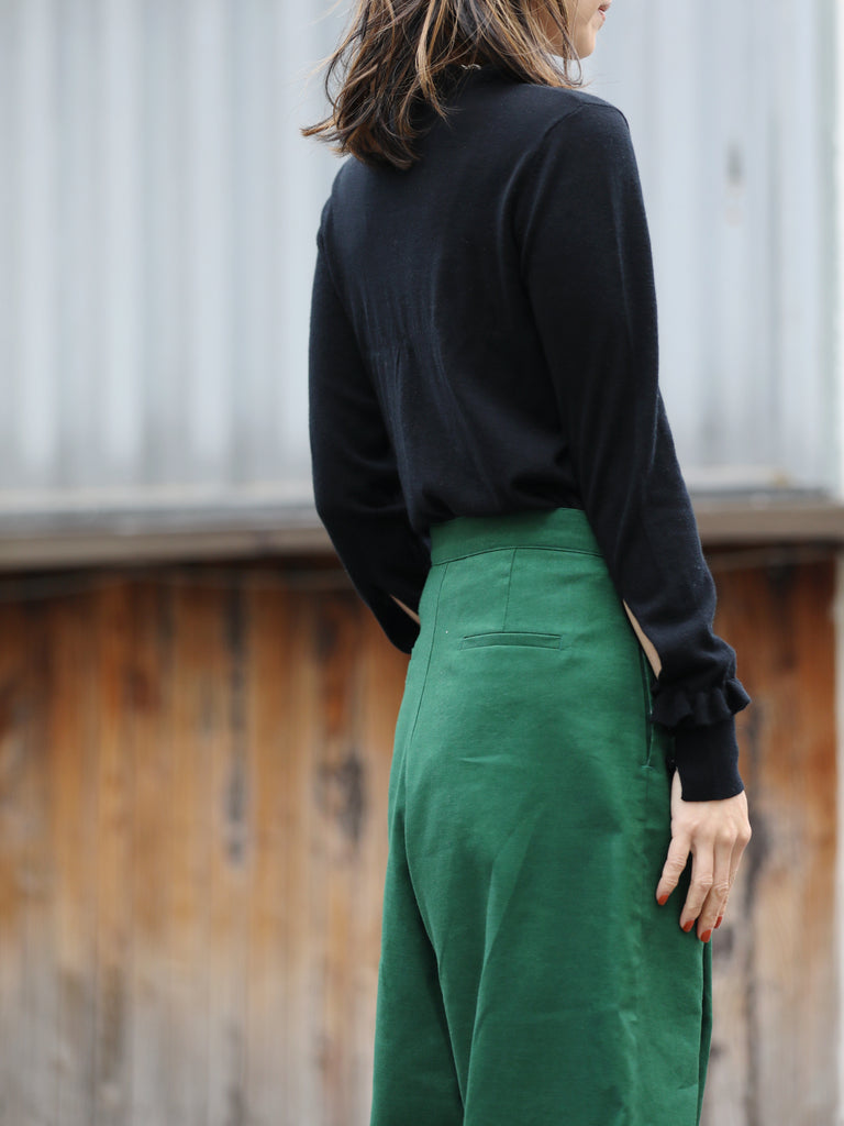 Classic Black Ruffle Trim Button Cuff Cashmere Wool Knit Jumper