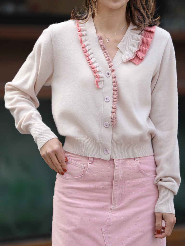 Petal White Ruffles Collar Boxy V-Neck Woollen Cashmere Cardigan