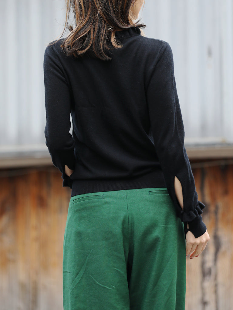 Classic Black Ruffle Trim Button Cuff Cashmere Wool Knit Jumper