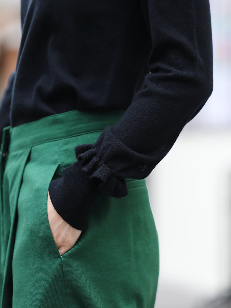 Classic Black Ruffle Trim Button Cuff Cashmere Wool Knit Jumper