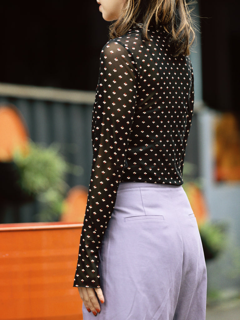 Black Mini Floral Sheer Sleeve Layering Basic Top