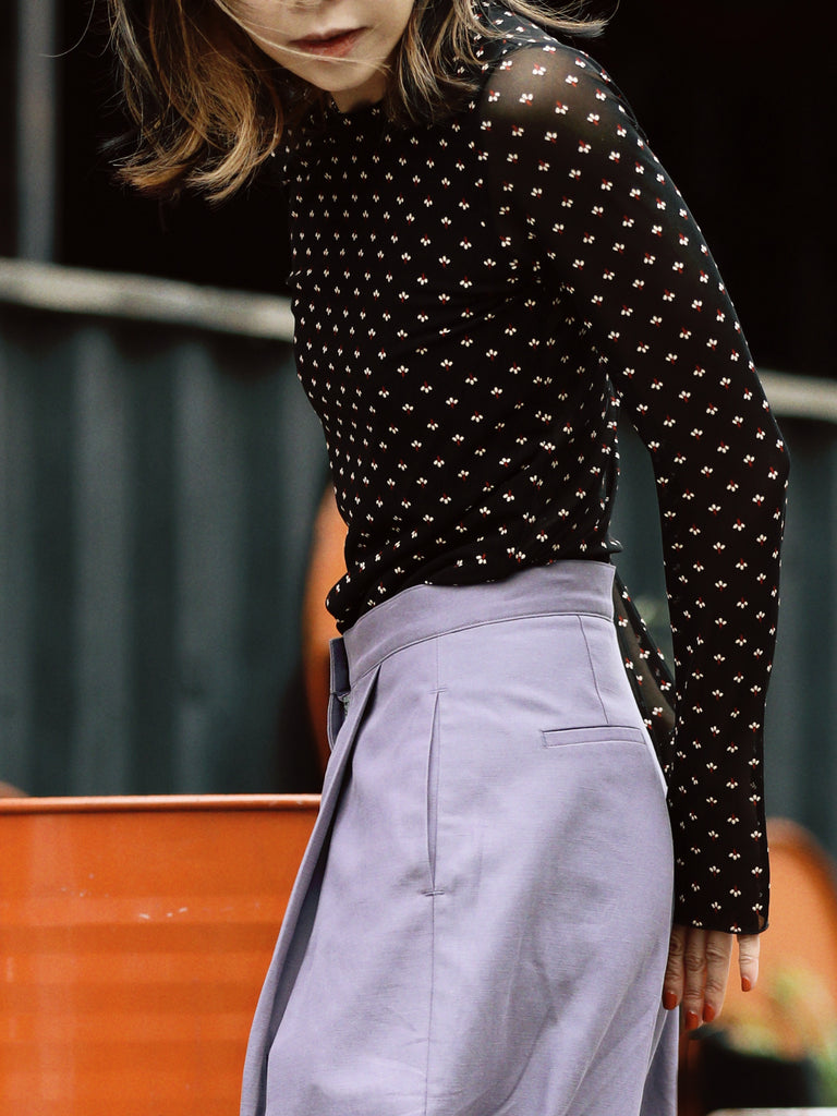 Black Mini Floral Sheer Sleeve Layering Basic Top