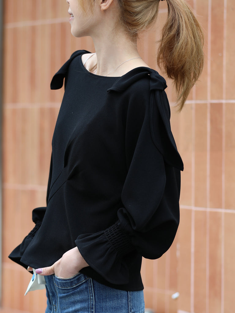 Black Draped Seam Bow Shoulder Volume Sleeve Blouse