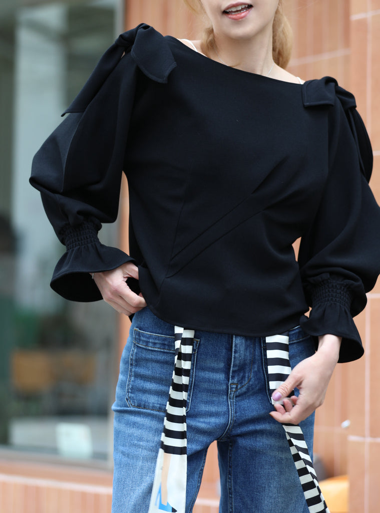 Black Draped Seam Bow Shoulder Volume Sleeve Blouse