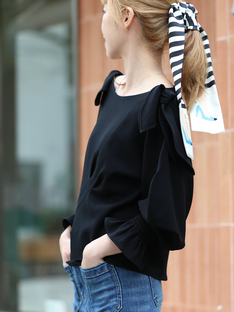 Black Draped Seam Bow Shoulder Volume Sleeve Blouse