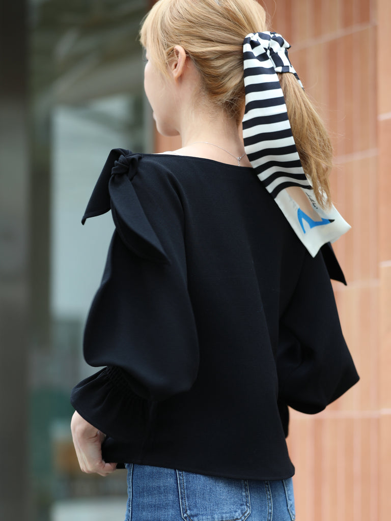 Black Draped Seam Bow Shoulder Volume Sleeve Blouse