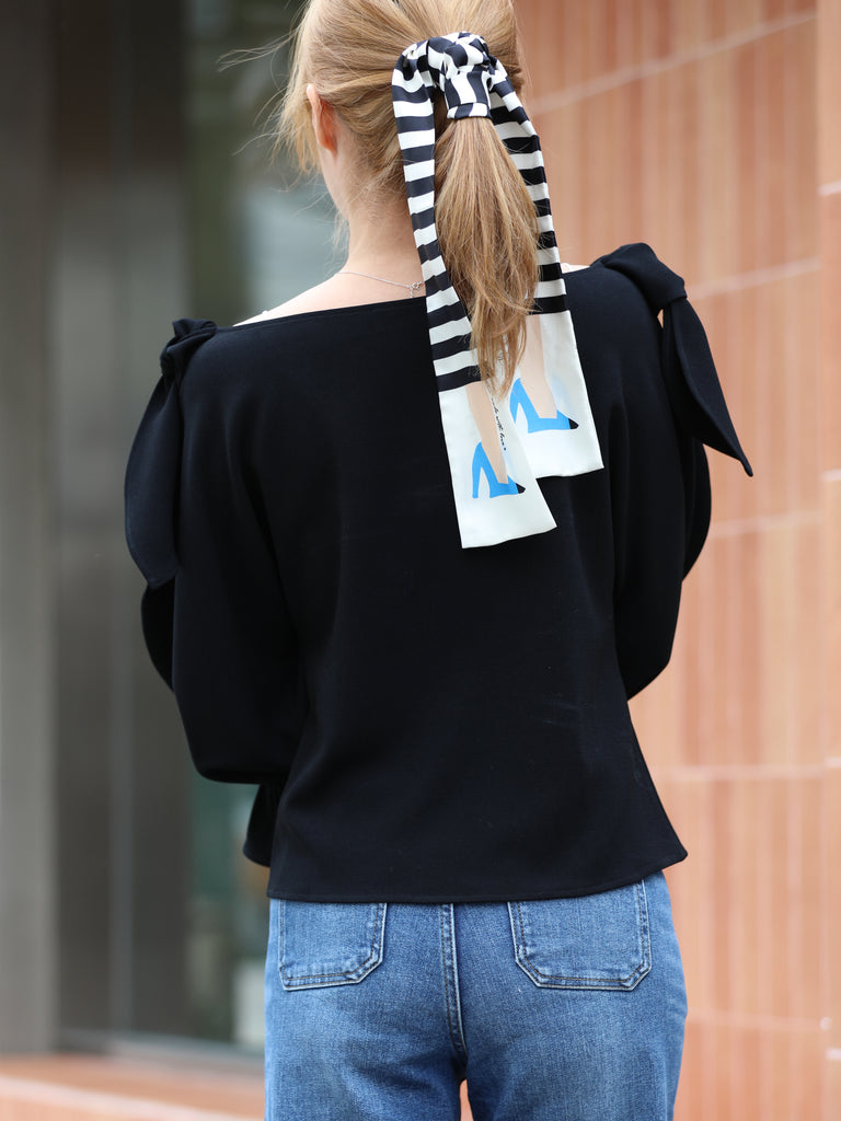 Black Draped Seam Bow Shoulder Volume Sleeve Blouse