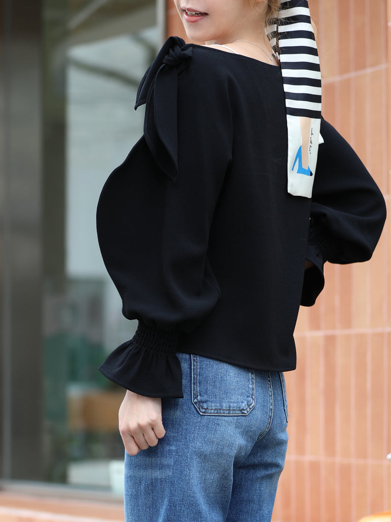 Black Draped Seam Bow Shoulder Volume Sleeve Blouse