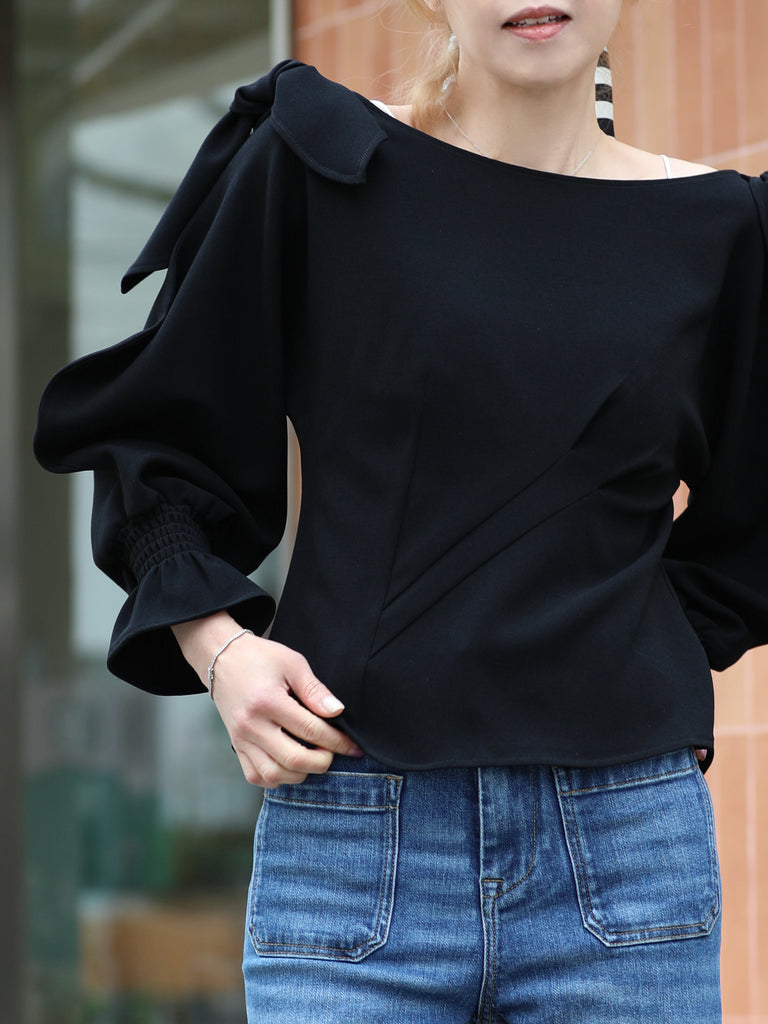 Black Draped Seam Bow Shoulder Volume Sleeve Blouse