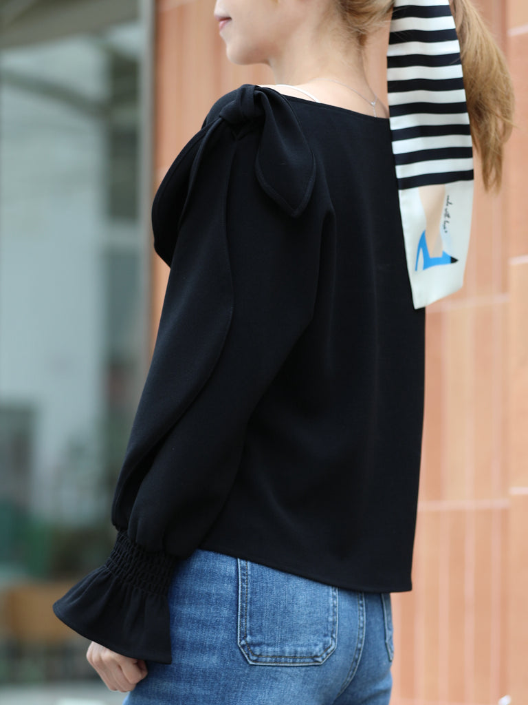 Black Draped Seam Bow Shoulder Volume Sleeve Blouse