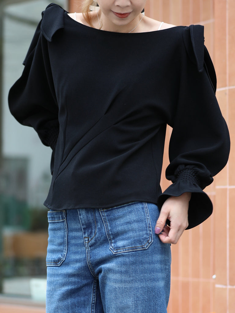Black Draped Seam Bow Shoulder Volume Sleeve Blouse