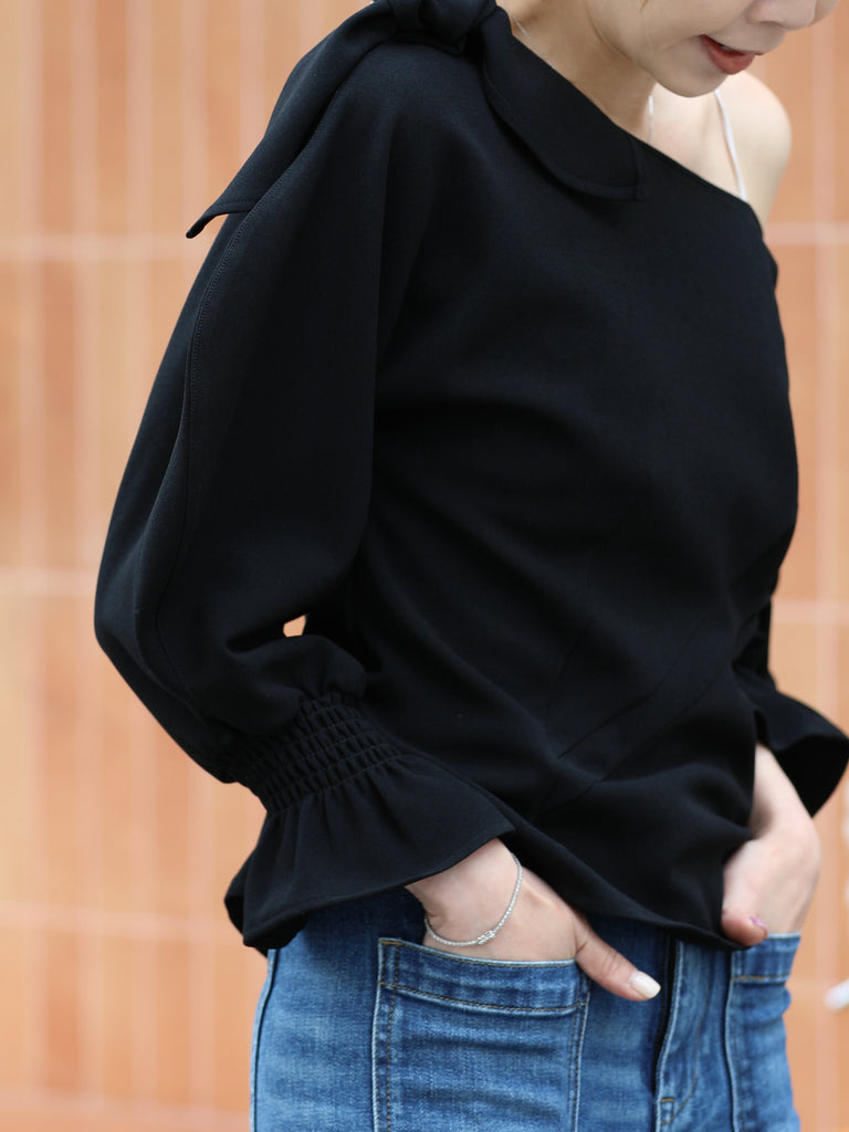 Black Draped Seam Bow Shoulder Volume Sleeve Blouse