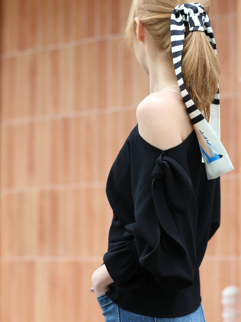 Black Draped Seam Bow Shoulder Volume Sleeve Blouse