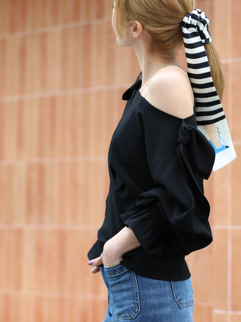 Black Draped Seam Bow Shoulder Volume Sleeve Blouse