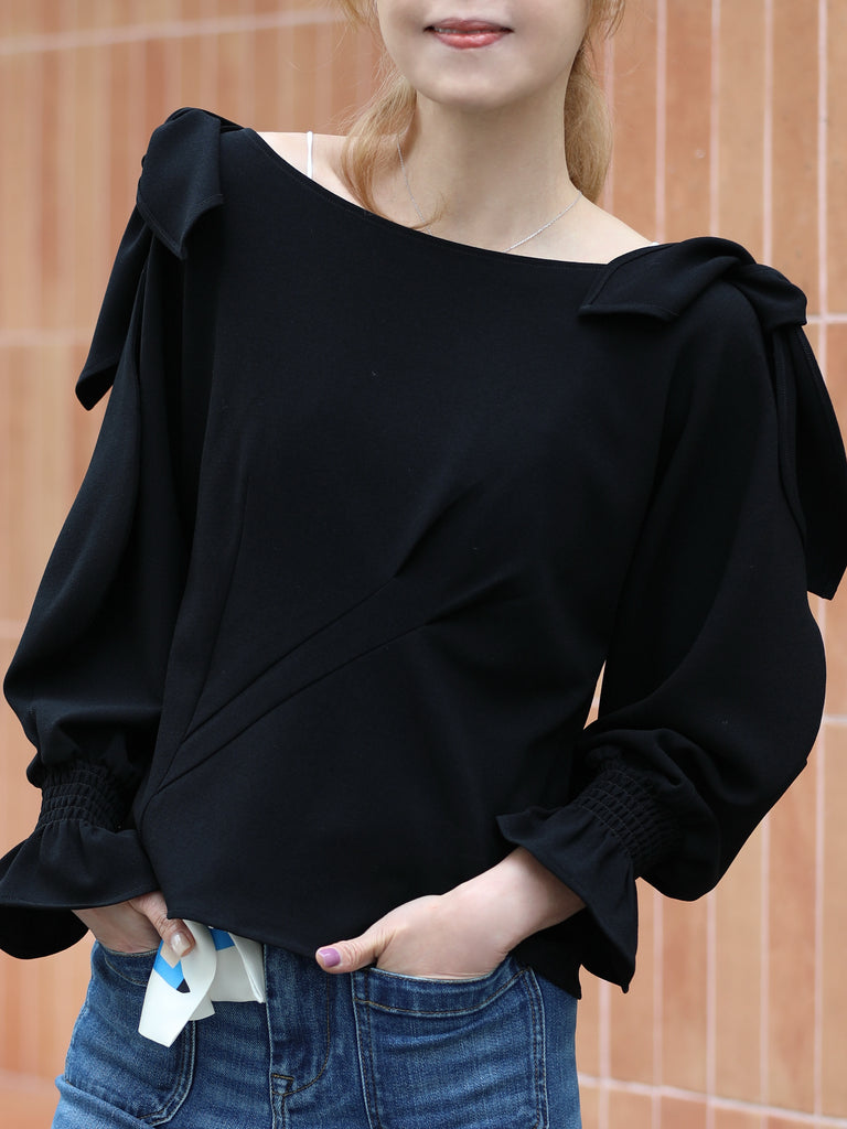 Black Draped Seam Bow Shoulder Volume Sleeve Blouse