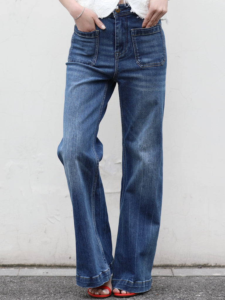 Washed Blue Front Pocket Detail Leg-Lengthening Jeans