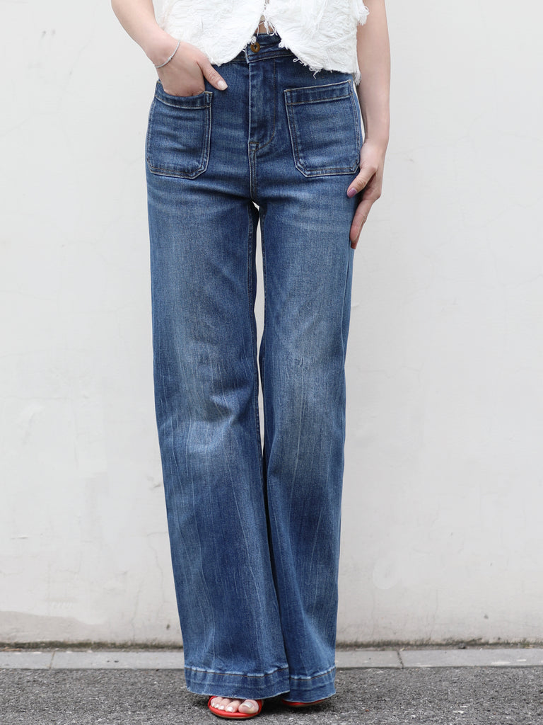 Washed Blue Front Pocket Detail Leg-Lengthening Jeans