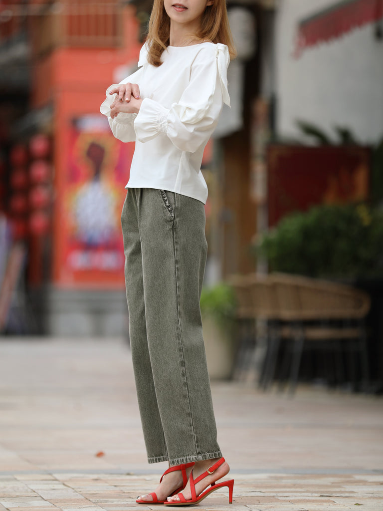 Ash Green Relaxed Straight Leg Elastic Waist Denim Trousers
