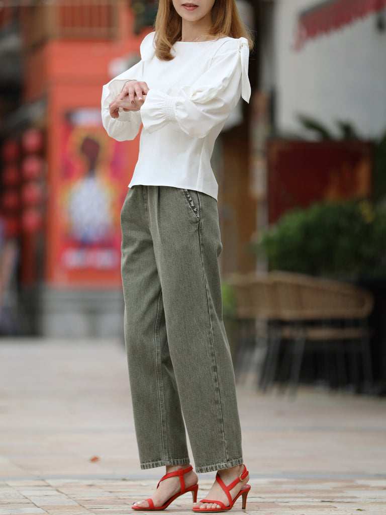 White Draped Seam Bow Shoulder Volume Sleeve Blouse