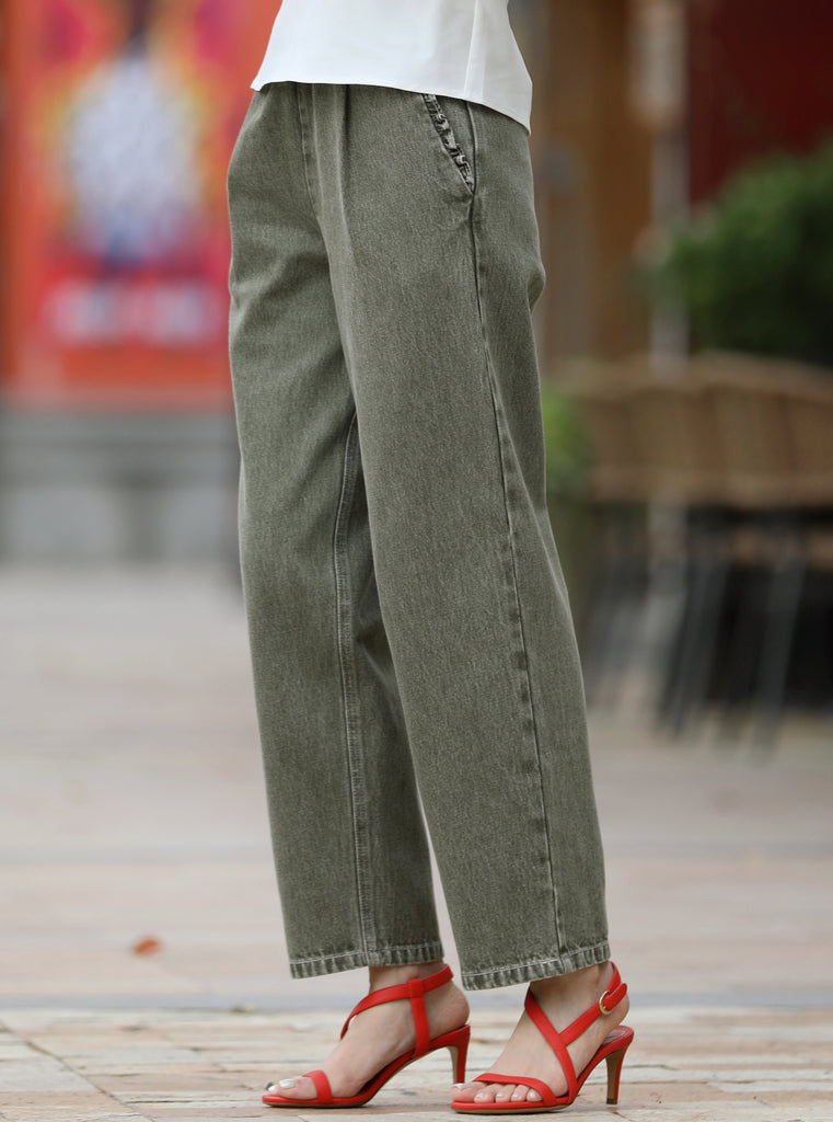 Ash Green Relaxed Straight Leg Elastic Waist Denim Trousers