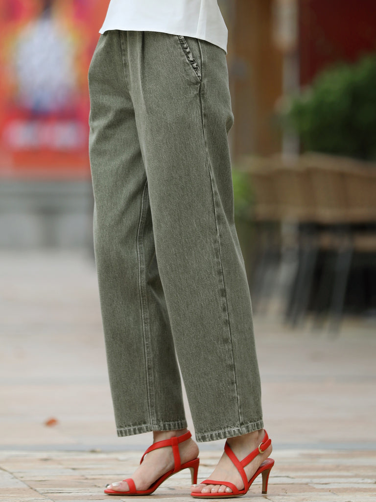 Ash Green Relaxed Straight Leg Elastic Waist Denim Trousers