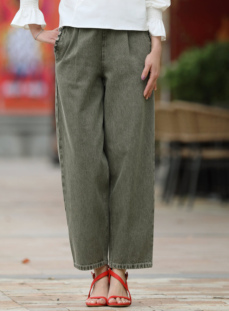 Ash Green Relaxed Straight Leg Elastic Waist Denim Trousers