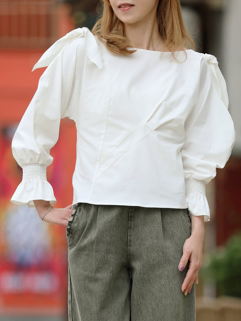 White Draped Seam Bow Shoulder Volume Sleeve Blouse