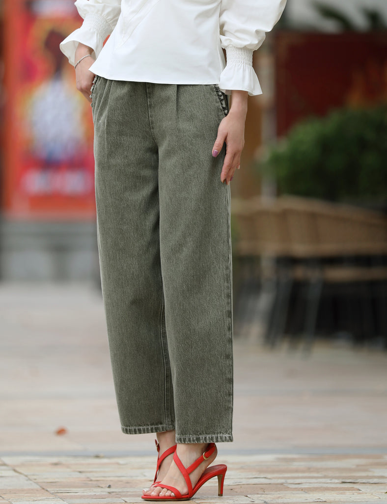 Ash Green Relaxed Straight Leg Elastic Waist Denim Trousers