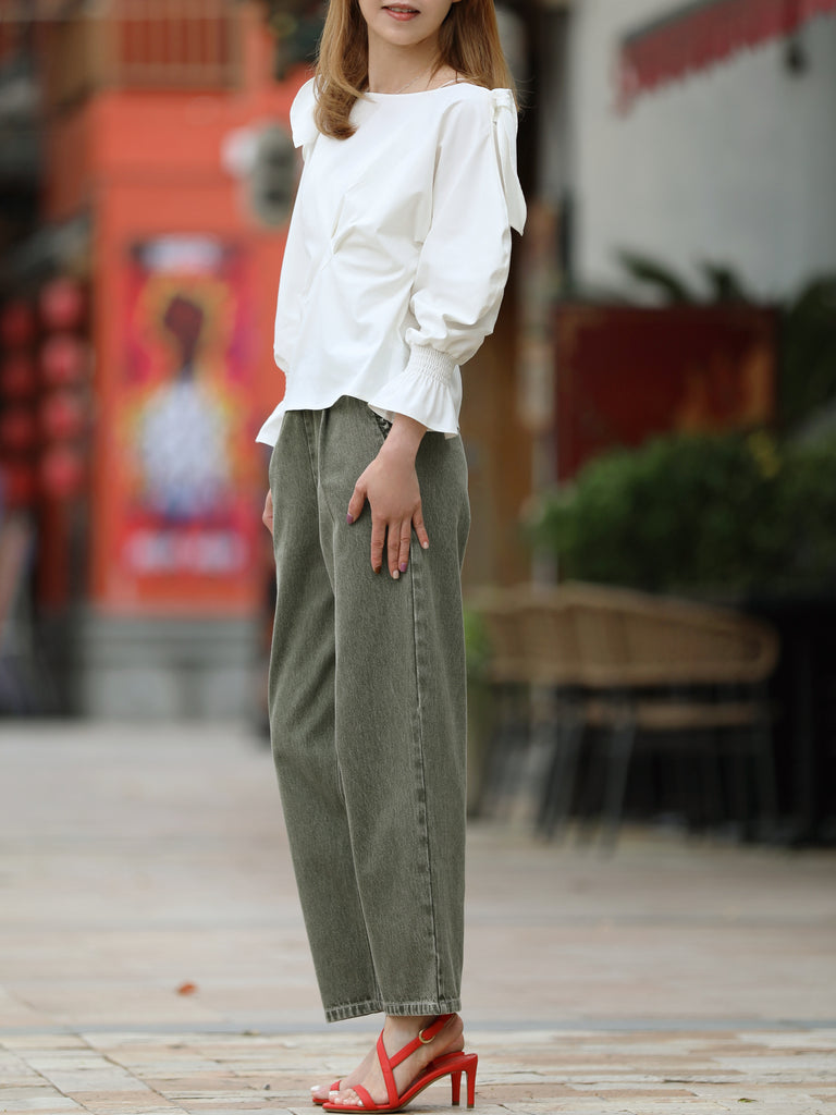 White Draped Seam Bow Shoulder Volume Sleeve Blouse