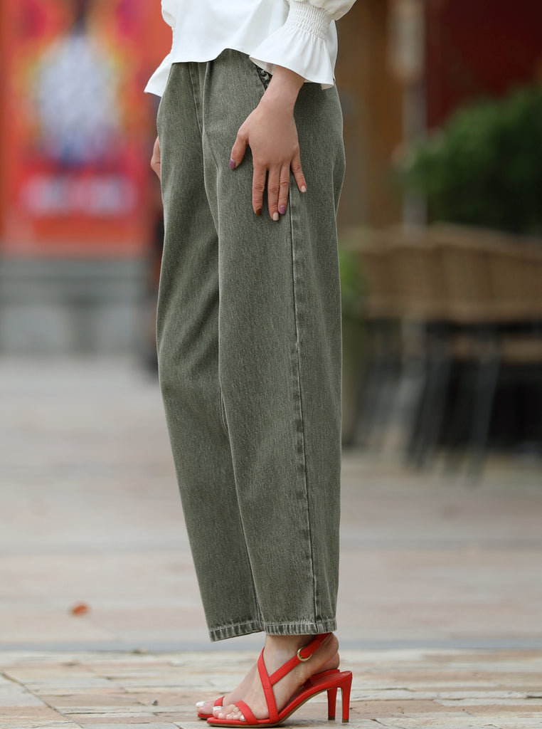 Ash Green Relaxed Straight Leg Elastic Waist Denim Trousers