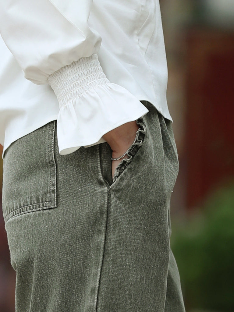 Ash Green Relaxed Straight Leg Elastic Waist Denim Trousers