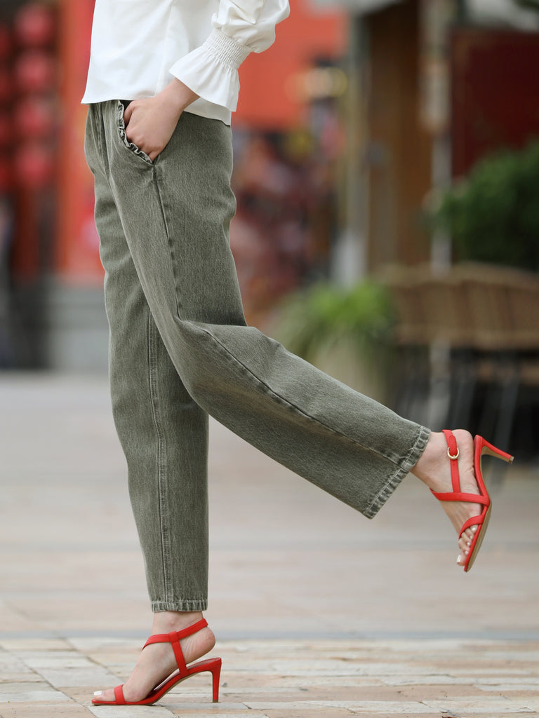 Ash Green Relaxed Straight Leg Elastic Waist Denim Trousers