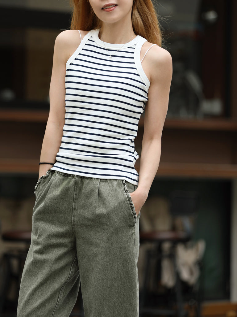 White Navy Stripe Ribbed High Neck Cotton Tank Top
