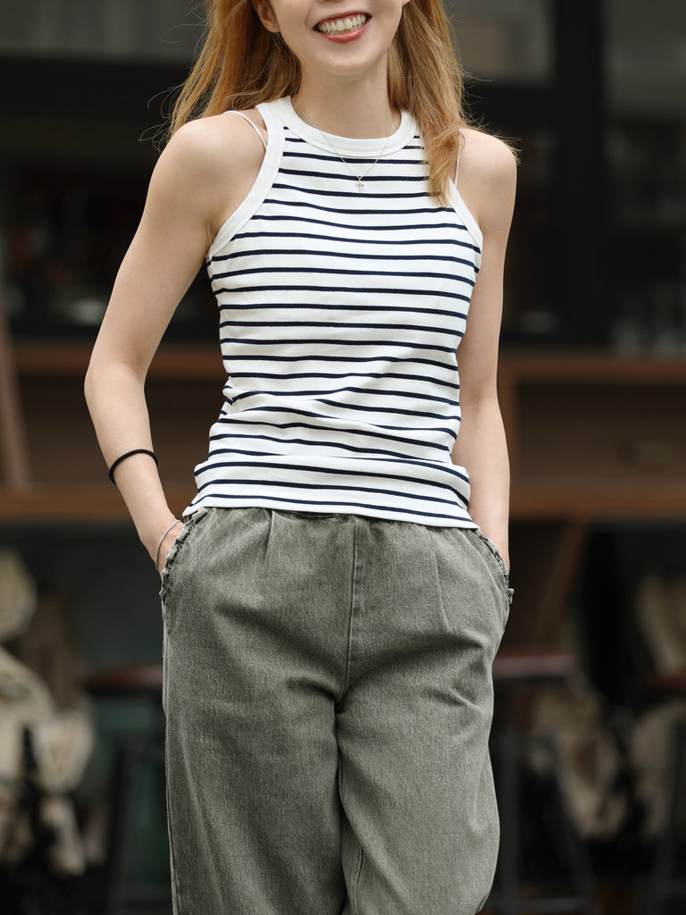 White Navy Stripe Ribbed High Neck Cotton Tank Top