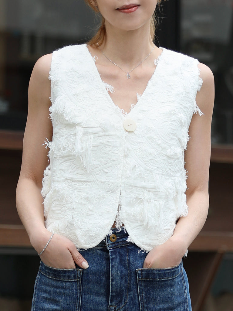 White Textured Fringe V-Neck Button Front Lined Waistcoat