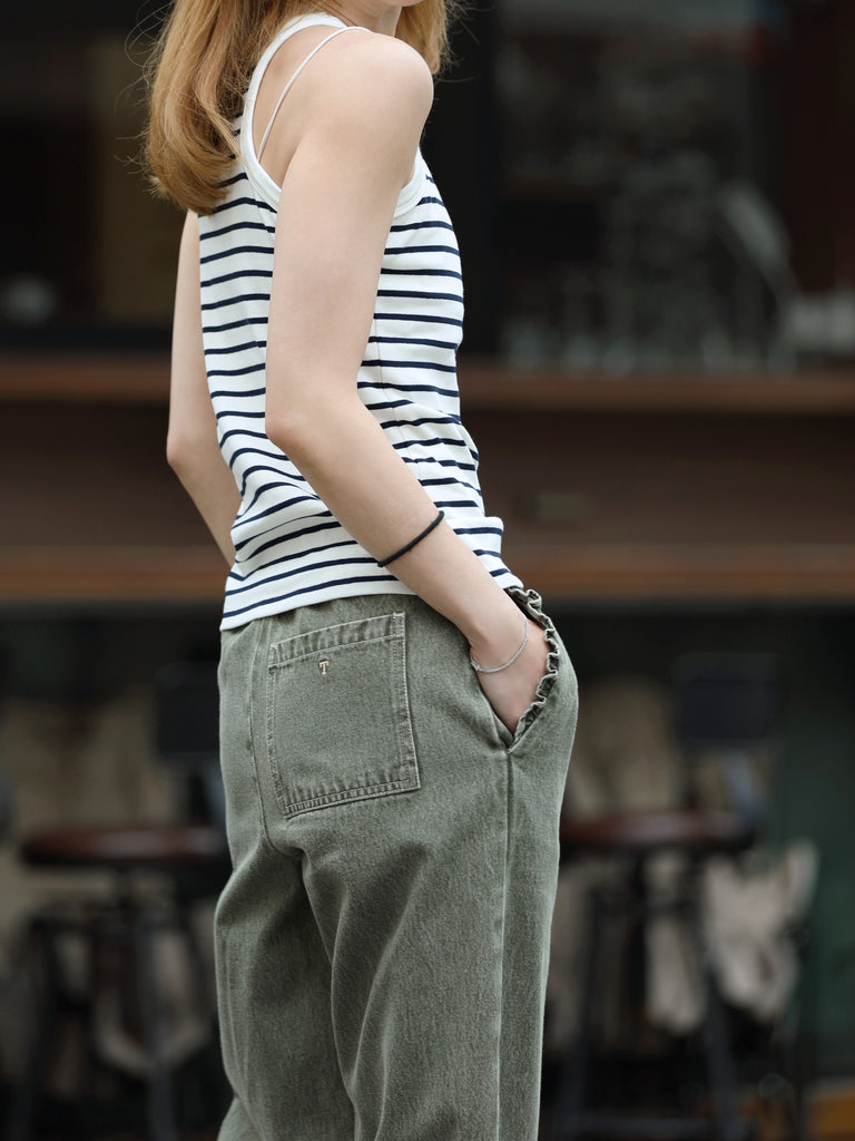 White Navy Stripe Ribbed High Neck Cotton Tank Top