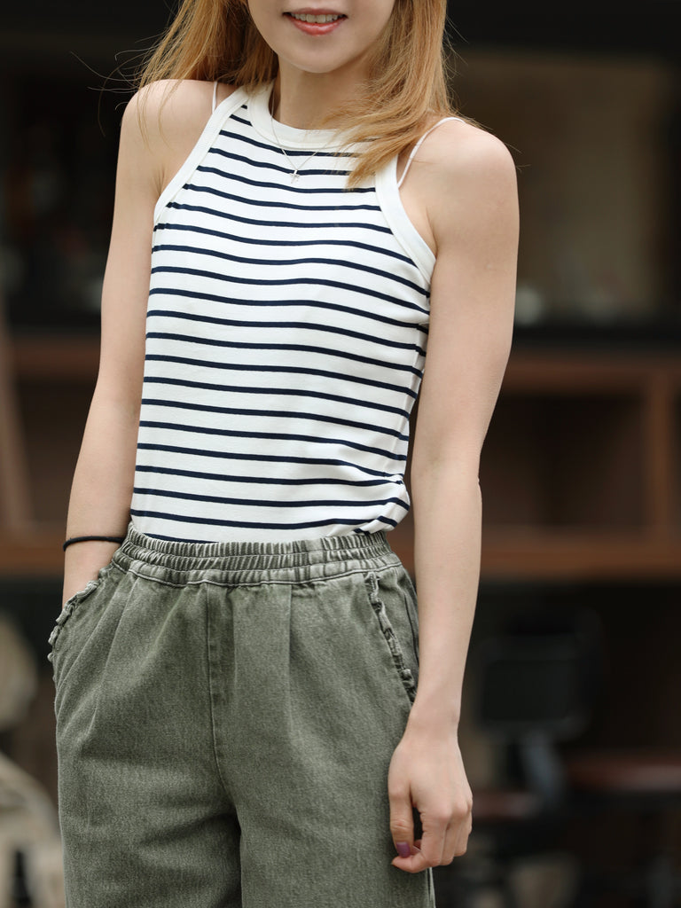 White Navy Stripe Ribbed High Neck Cotton Tank Top
