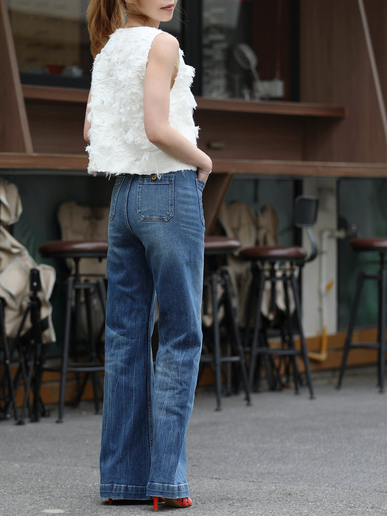 White Textured Fringe V-Neck Button Front Lined Waistcoat