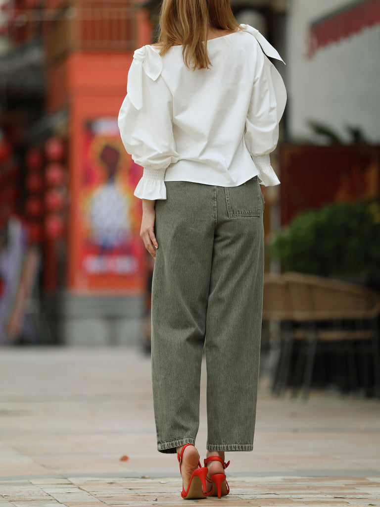 White Draped Seam Bow Shoulder Volume Sleeve Blouse