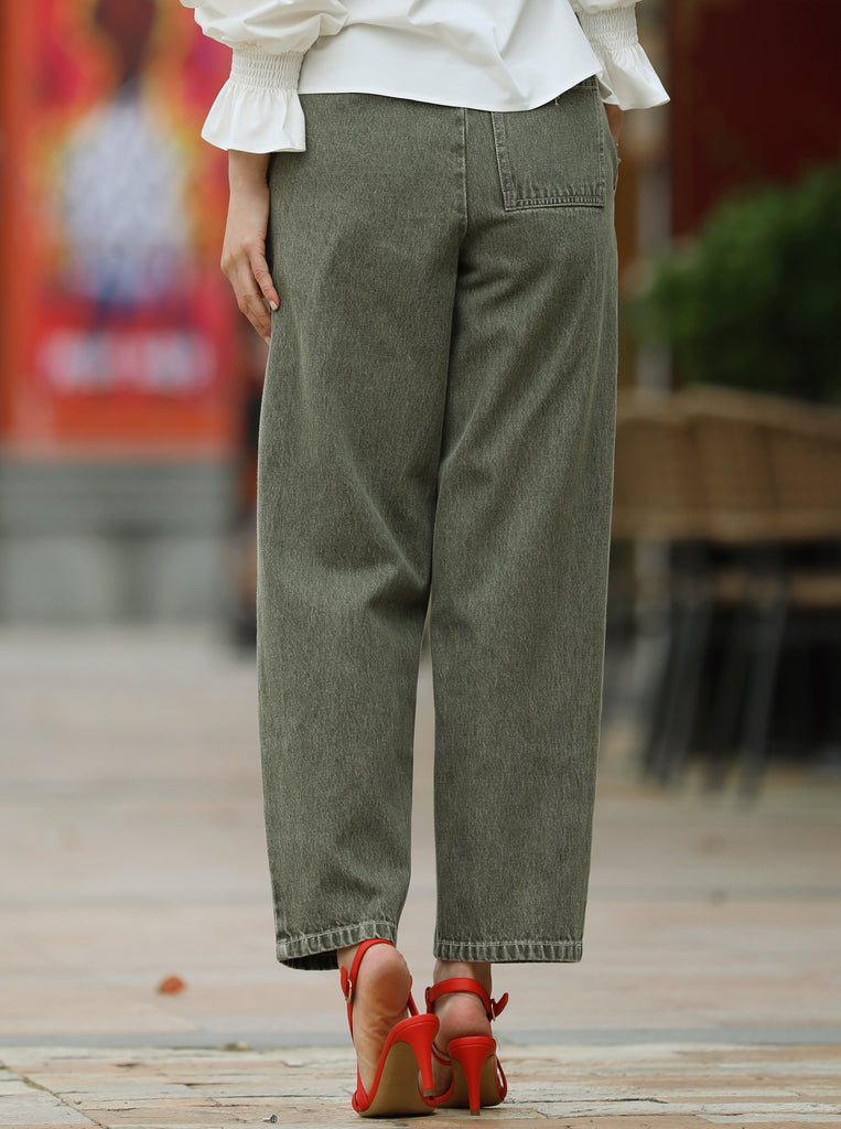 Ash Green Relaxed Straight Leg Elastic Waist Denim Trousers