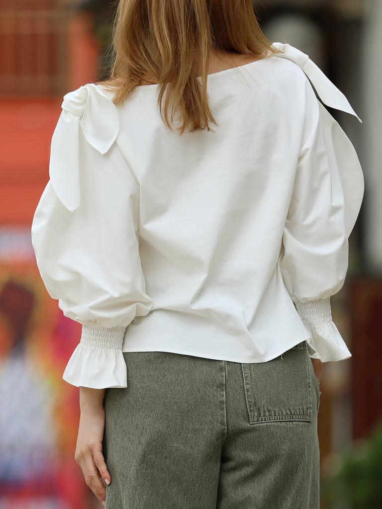 White Draped Seam Bow Shoulder Volume Sleeve Blouse