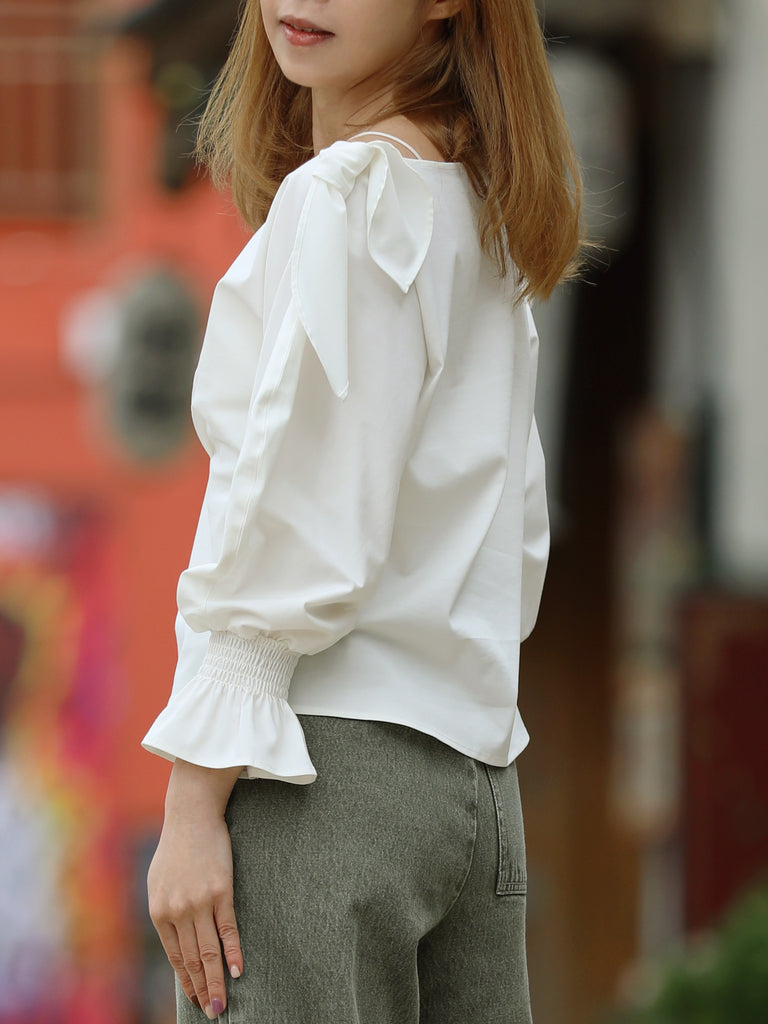 White Draped Seam Bow Shoulder Volume Sleeve Blouse