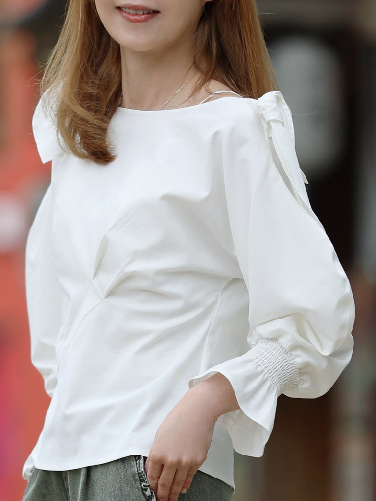 White Draped Seam Bow Shoulder Volume Sleeve Blouse