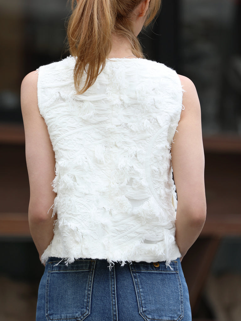 White Textured Fringe V-Neck Button Front Lined Waistcoat